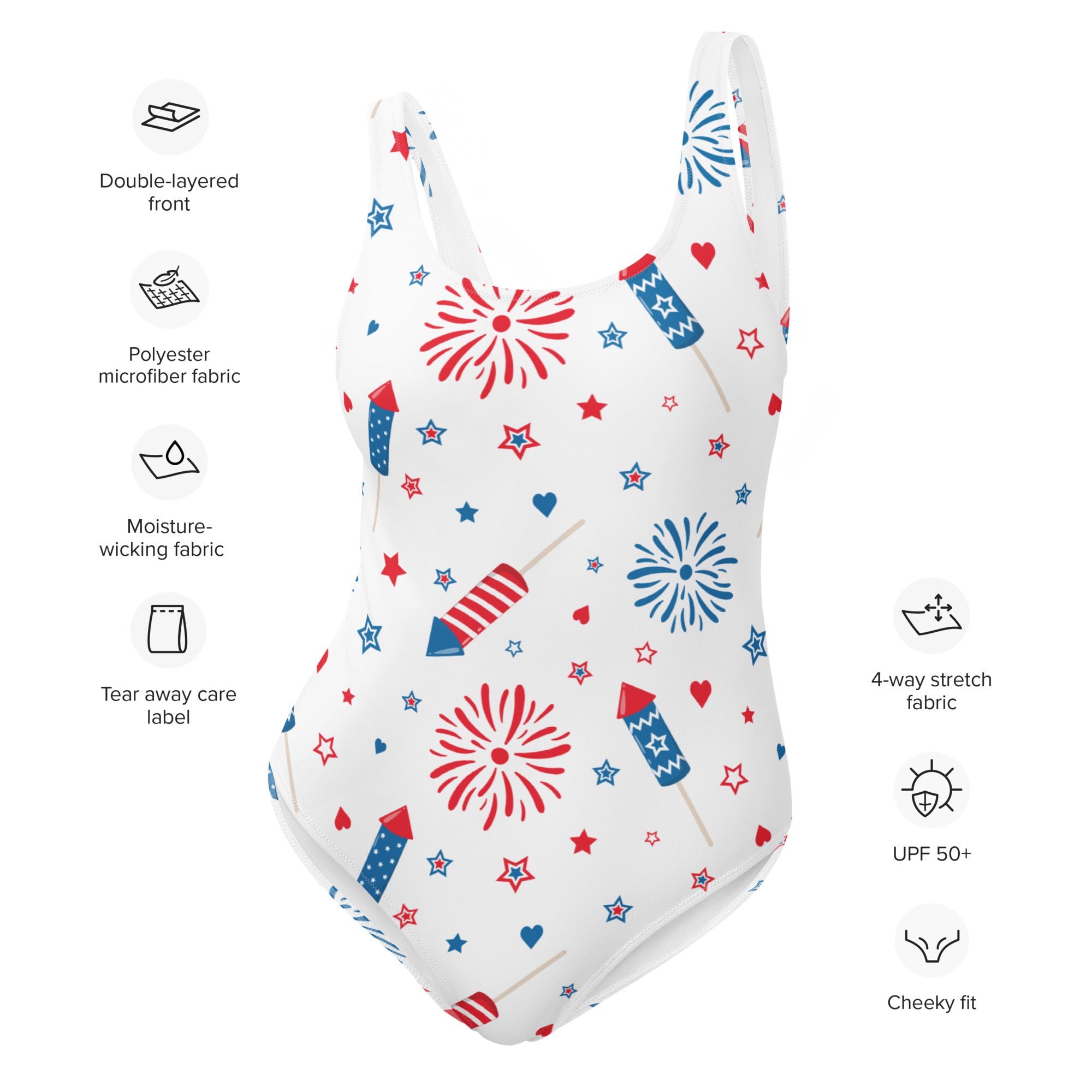 White one-piece swimsuit with red blue fireworks stars and hearts print on buttery soft polyester microfiber fabric