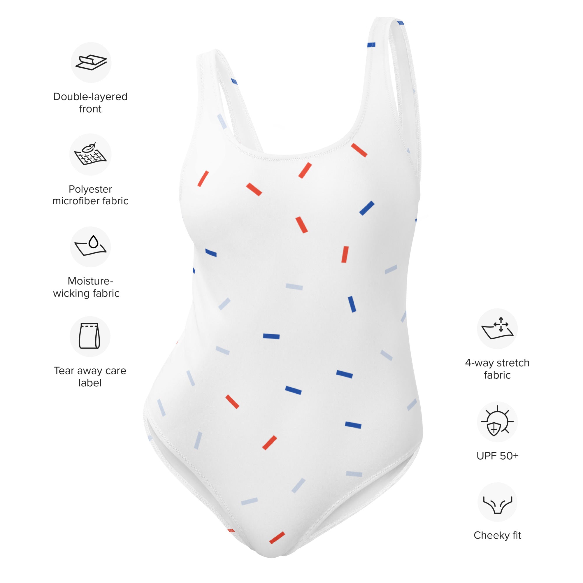 White one-piece women’s patriotic confetti swimsuit with playful red blue and gray lines and buttery soft fabric with UPF 50+