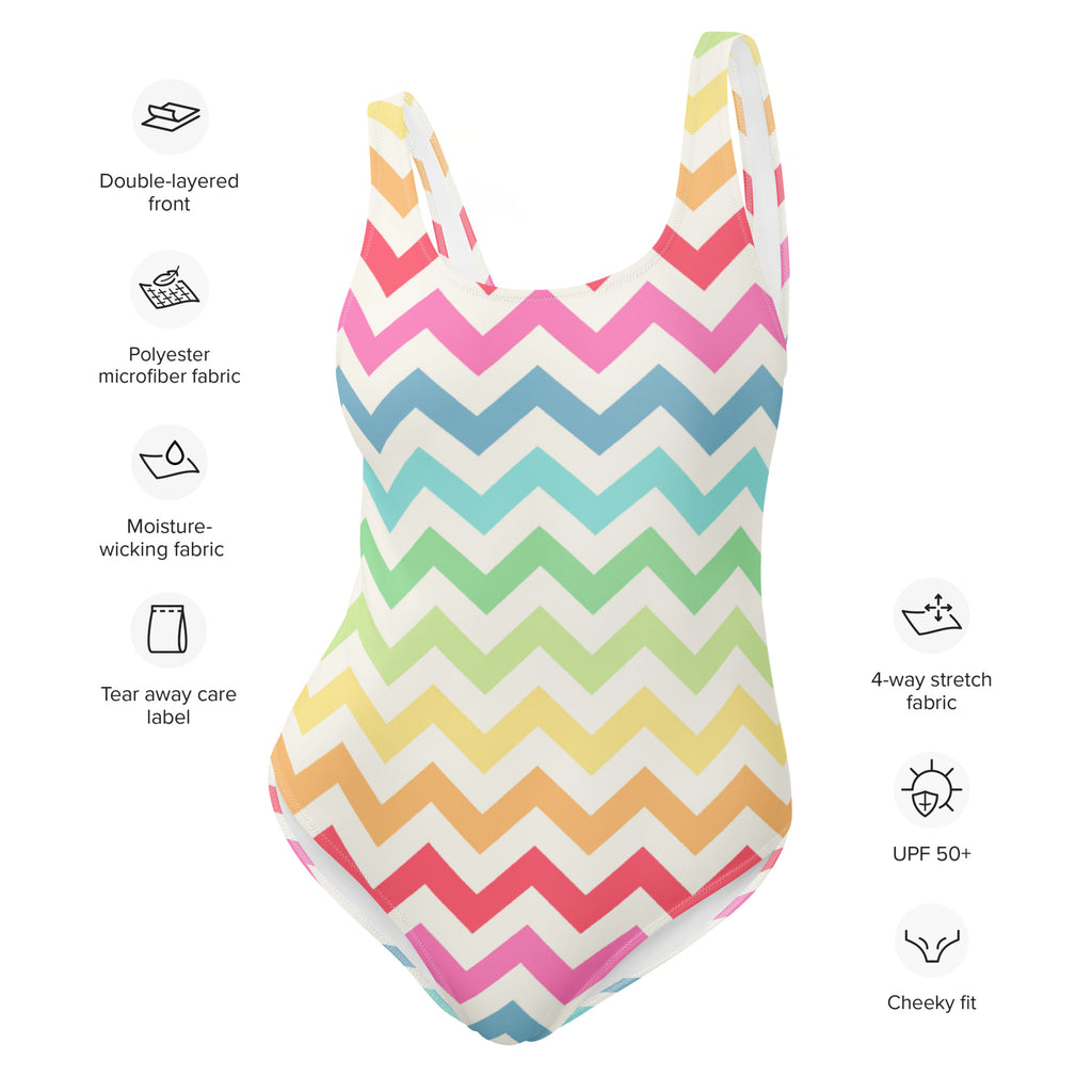 A vibrant pastel rainbow chevron one-piece swimsuit in polyester microfiber with a cheeky fit and UPF 50 plus protection