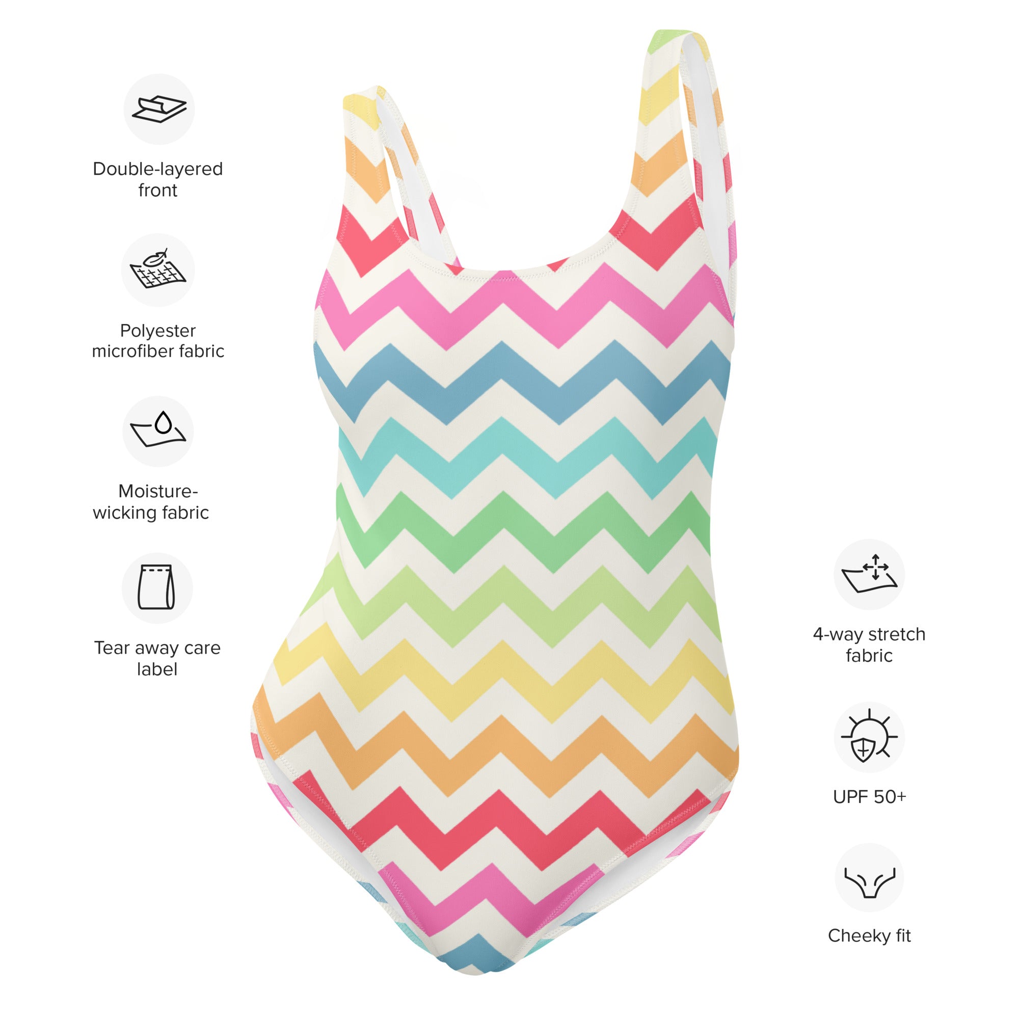 A vibrant pastel rainbow chevron one-piece swimsuit in polyester microfiber with a cheeky fit and UPF 50 plus protection
