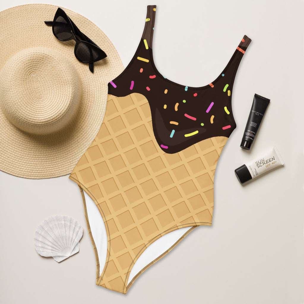 Women's Ice Cream Waffle Cone Sprinkles Buttery Soft Swimsuit With UPF 50+