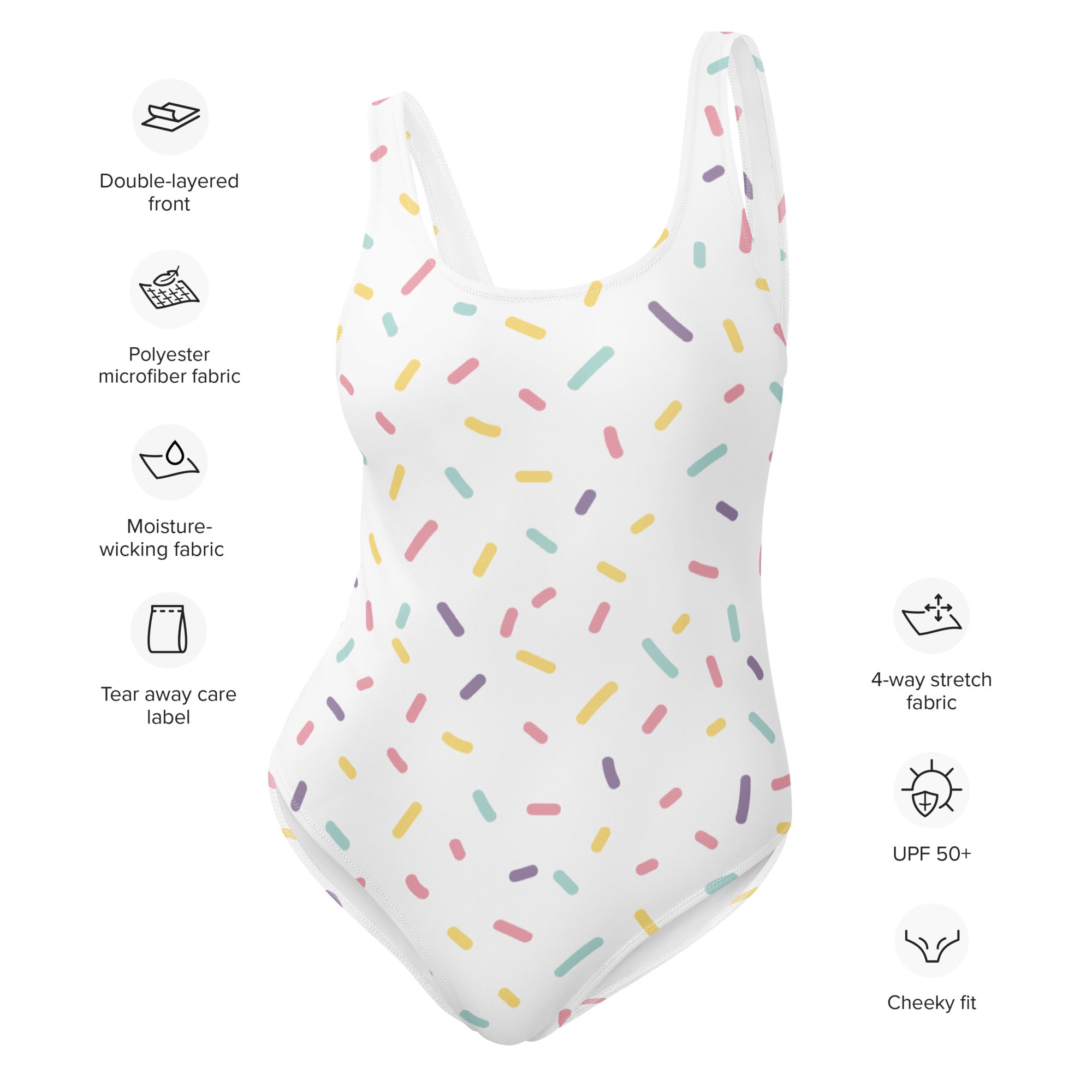 White one-piece swimsuit with pastel sprinkle pattern in pink yellow green purple buttery soft fabric with UPF 50+