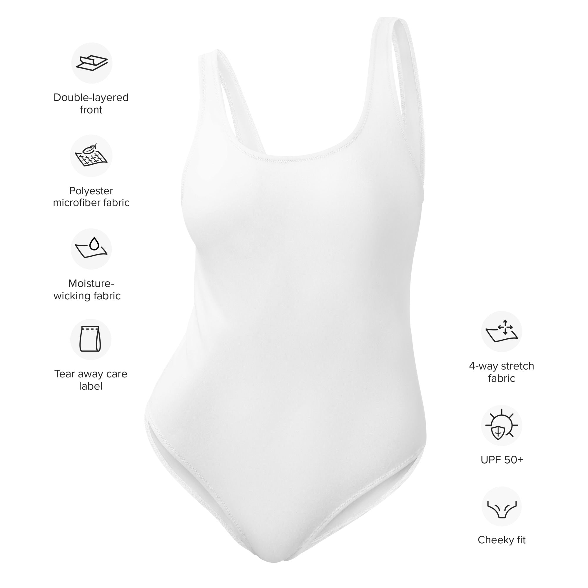 Women’s white buttery soft one-piece swimsuit with upf 50 plus made of polyester microfiber with double-layered front and cheeky fit