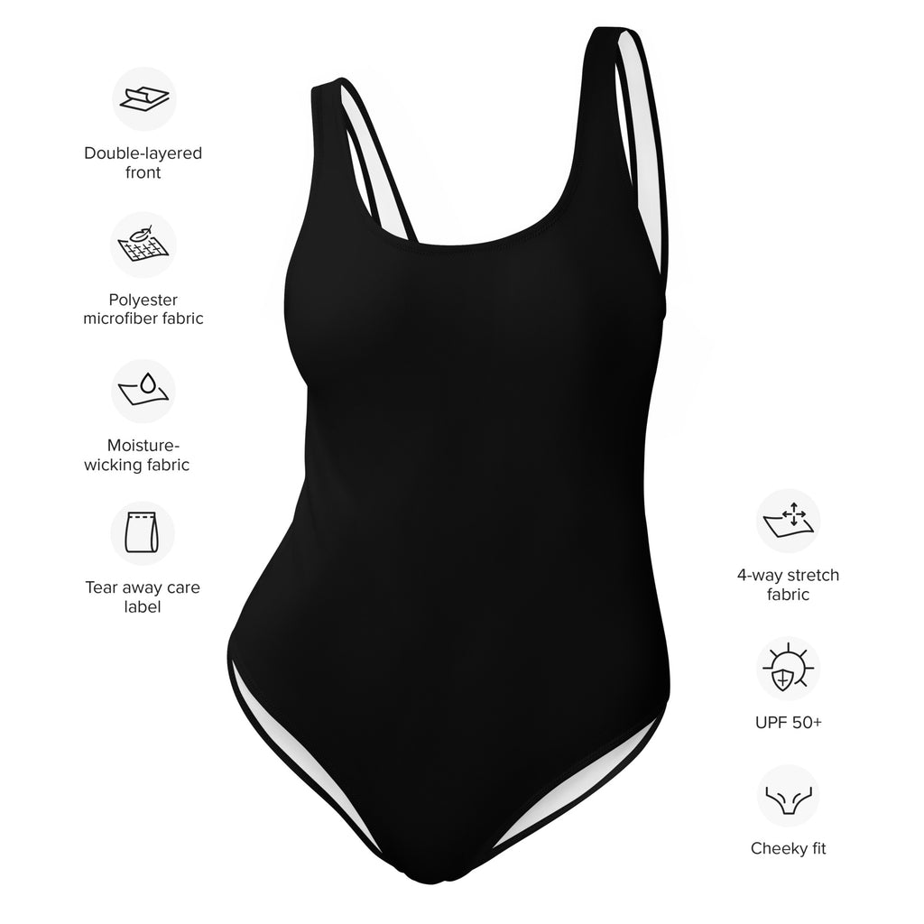 Women’s black buttery soft one-piece swimsuit with white trim made from polyester microfiber fabric with upf 50+
