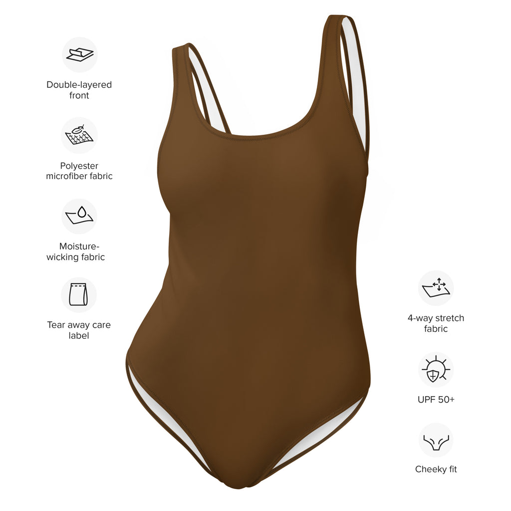 A sleek brown buttery soft one-piece swimsuit with double-layered front racerback design and UPF 50 plus protection
