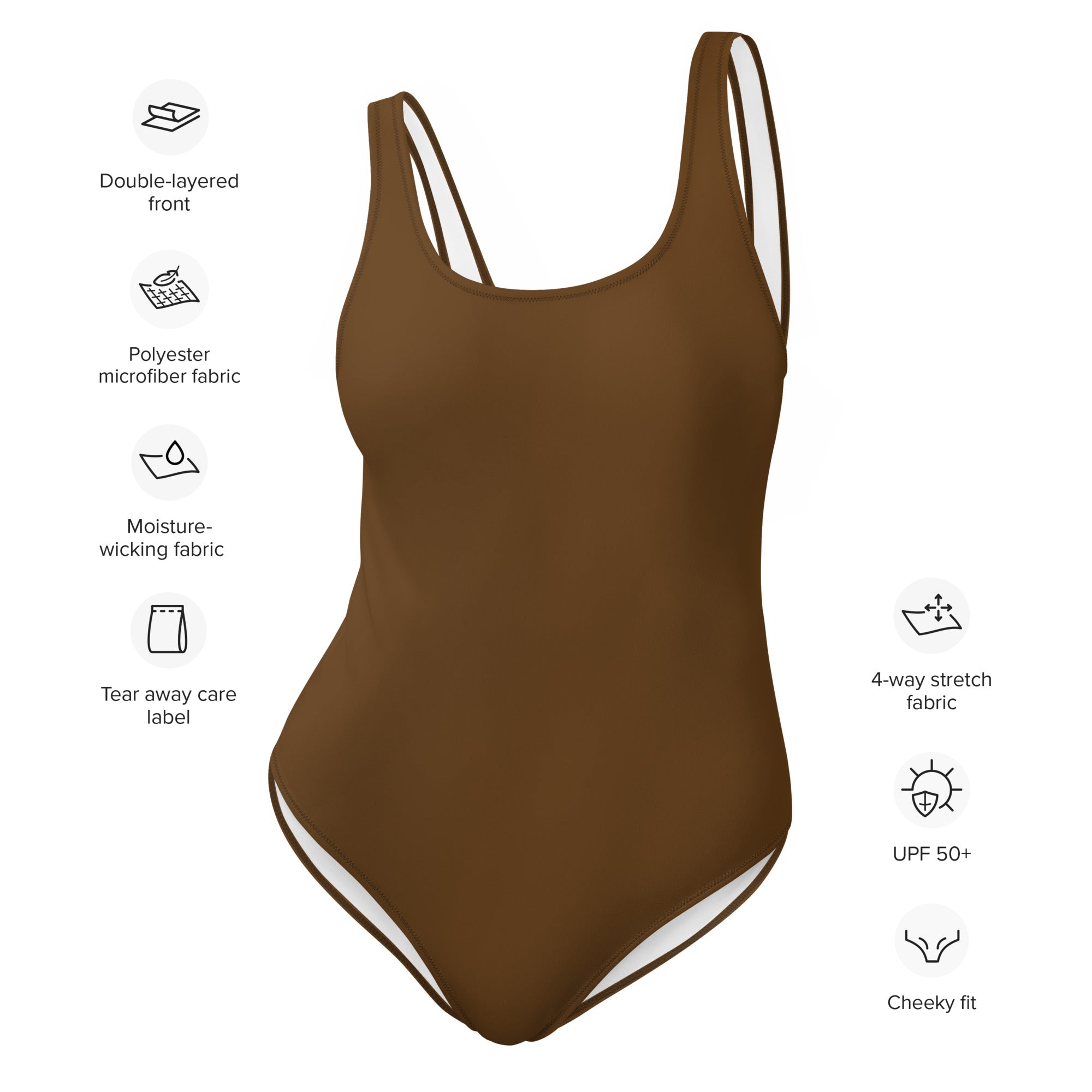 A sleek brown buttery soft one-piece swimsuit with double-layered front racerback design and UPF 50 plus protection