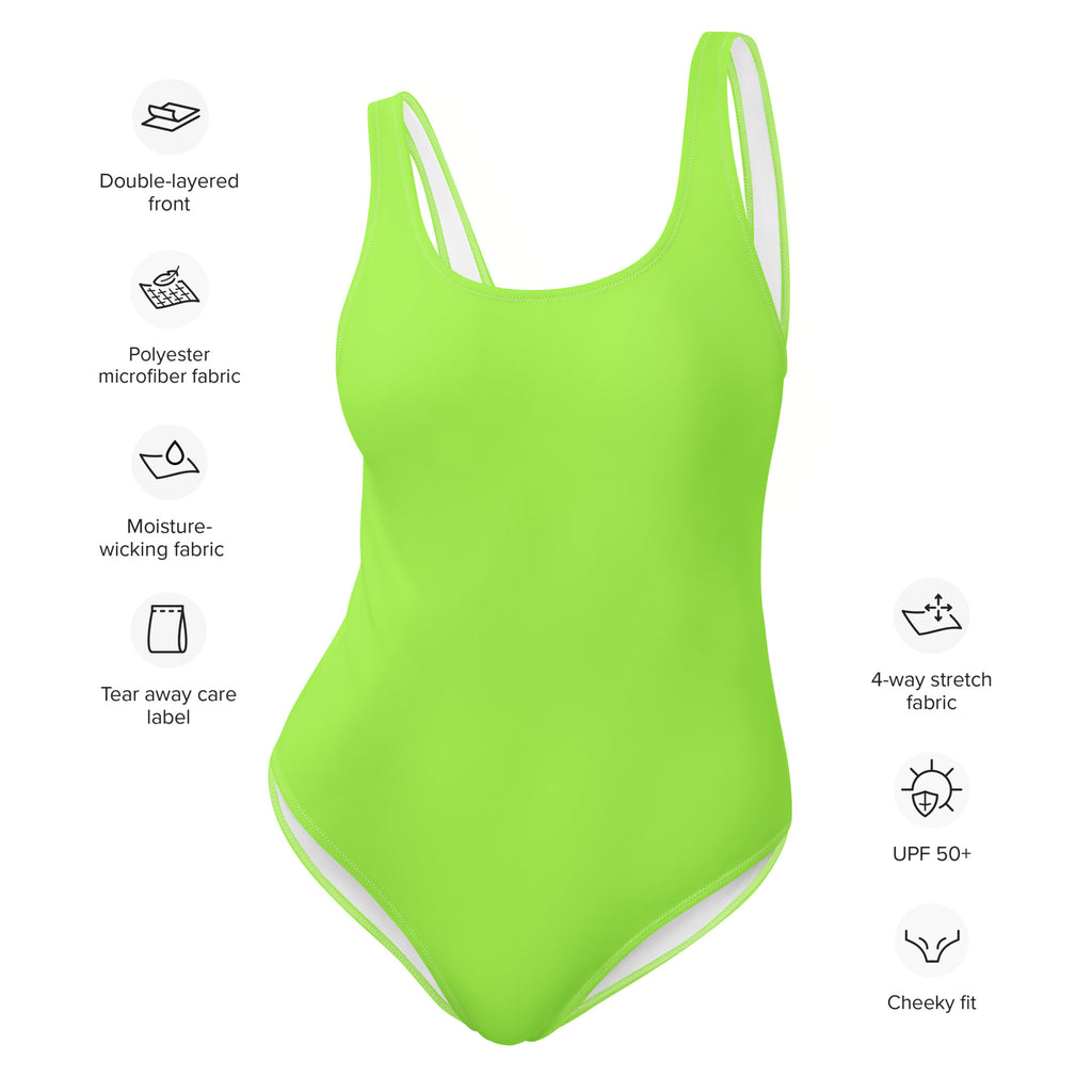 Women’s lime green buttery soft one-piece swimsuit with white trim made from polyester microfiber fabric with UPF 50+ protection