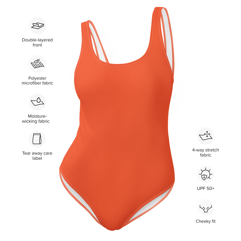 A vibrant orange women’s one-piece swimsuit with double-layered front made from moisture-wicking polyester microfiber