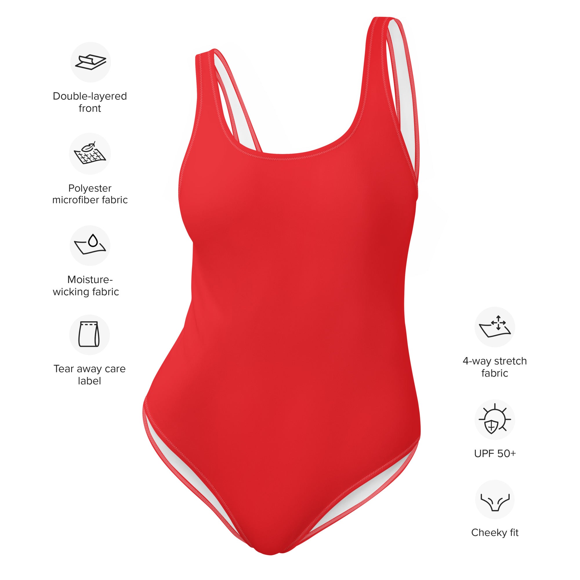 A vibrant red women’s one-piece swimsuit with double-layered front made of moisture-wicking polyester microfiber