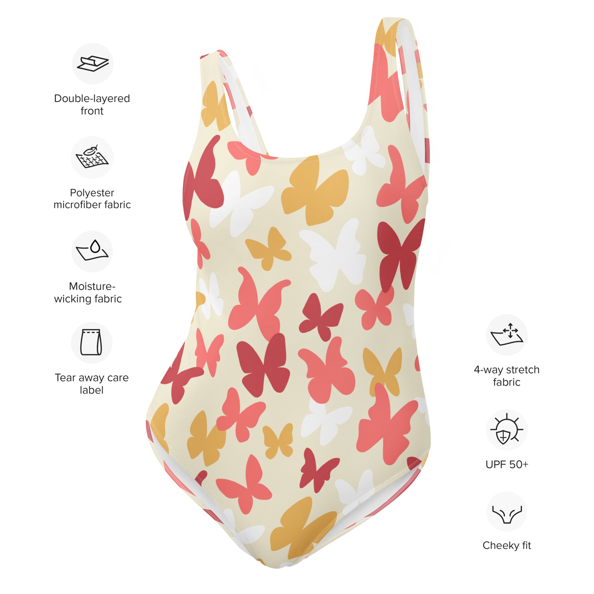 Women’s warm-tone butterfly one-piece swimsuit in pink red and yellow on off-white buttery soft fabric with UPF 50+