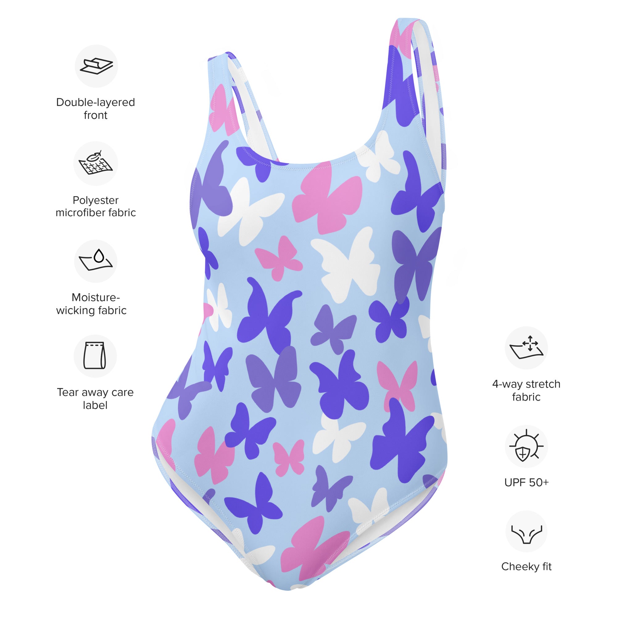Light blue one-piece swimsuit with pink purple and white butterfly pattern made of buttery soft fabric with UPF 50+ protection