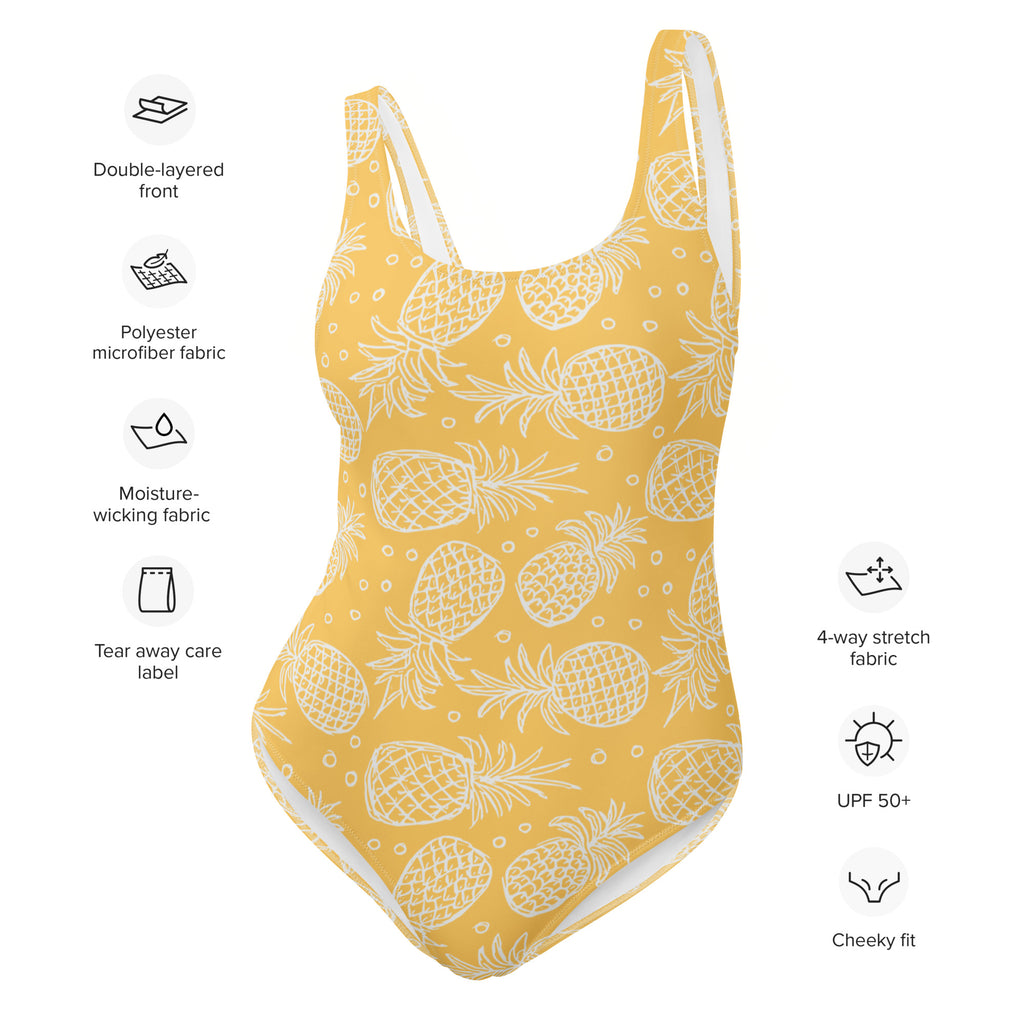 Women’s yellow pineapple buttery soft one-piece swimsuit with white trim and upf 50 plus protection