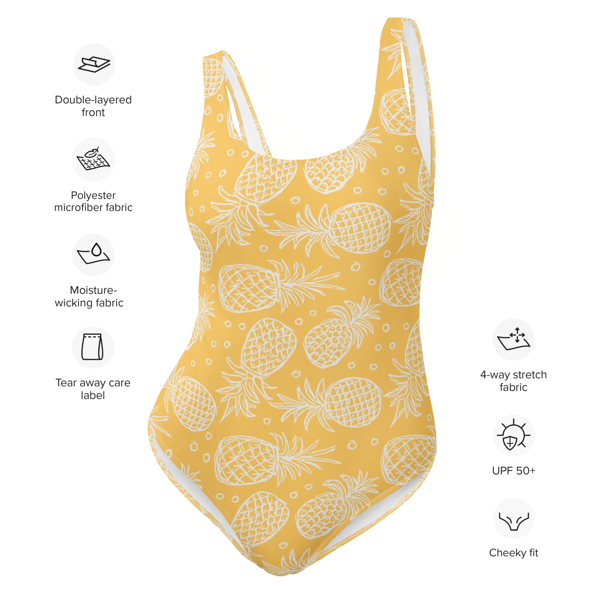 Women’s yellow pineapple buttery soft one-piece swimsuit with white trim and upf 50 plus protection