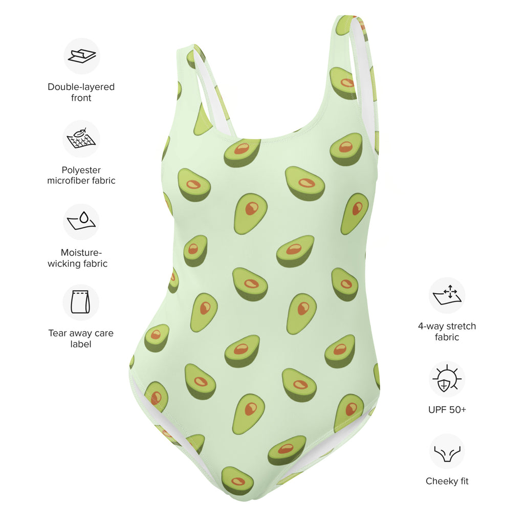 A light green buttery soft women’s one-piece swimsuit with avocado print and white straps featuring UPF 50+ protection