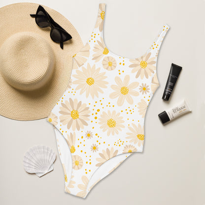 Women's Beige Daisy Buttery Soft Swimsuit With UPF 50+