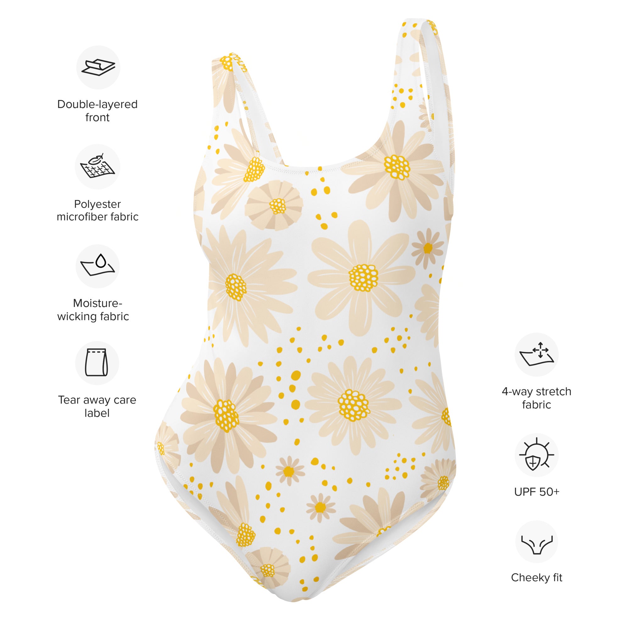 White one-piece swimsuit with beige and yellow daisy pattern buttery soft fabric and upf 50 plus protection