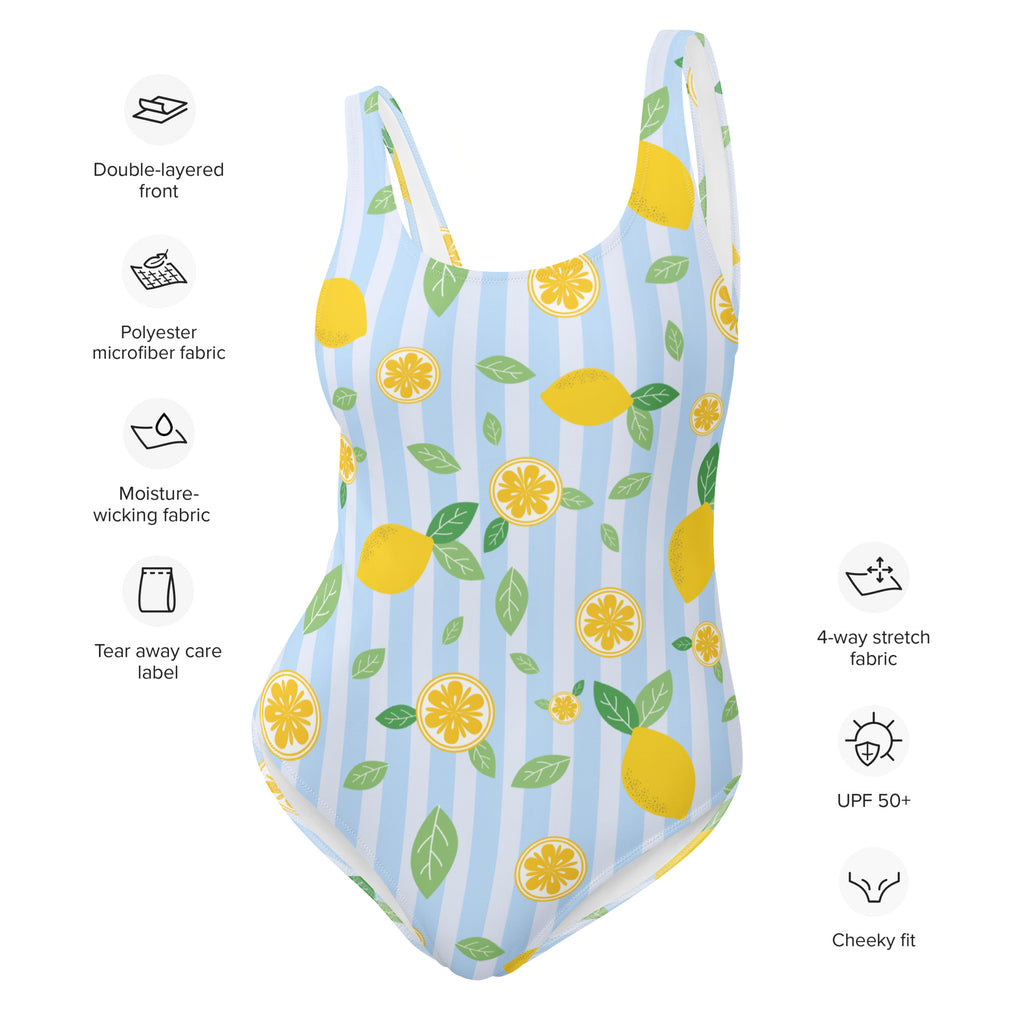 Women’s blue lemon stripe buttery soft one-piece swimsuit with vibrant yellow lemons green leaves and UPF 50+ protection