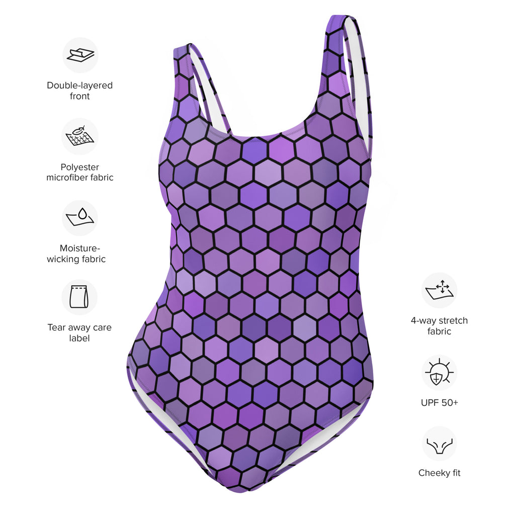 Women’s purple honeycomb buttery soft one-piece swimsuit with UPF 50 plus and white trim on straps and edges
