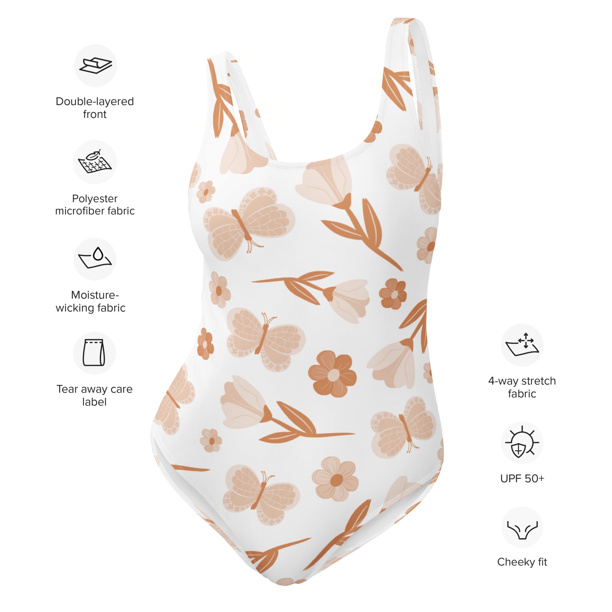White one-piece swimsuit with earth-tone butterfly and floral pattern made of buttery soft polyester microfiber with upf 50+