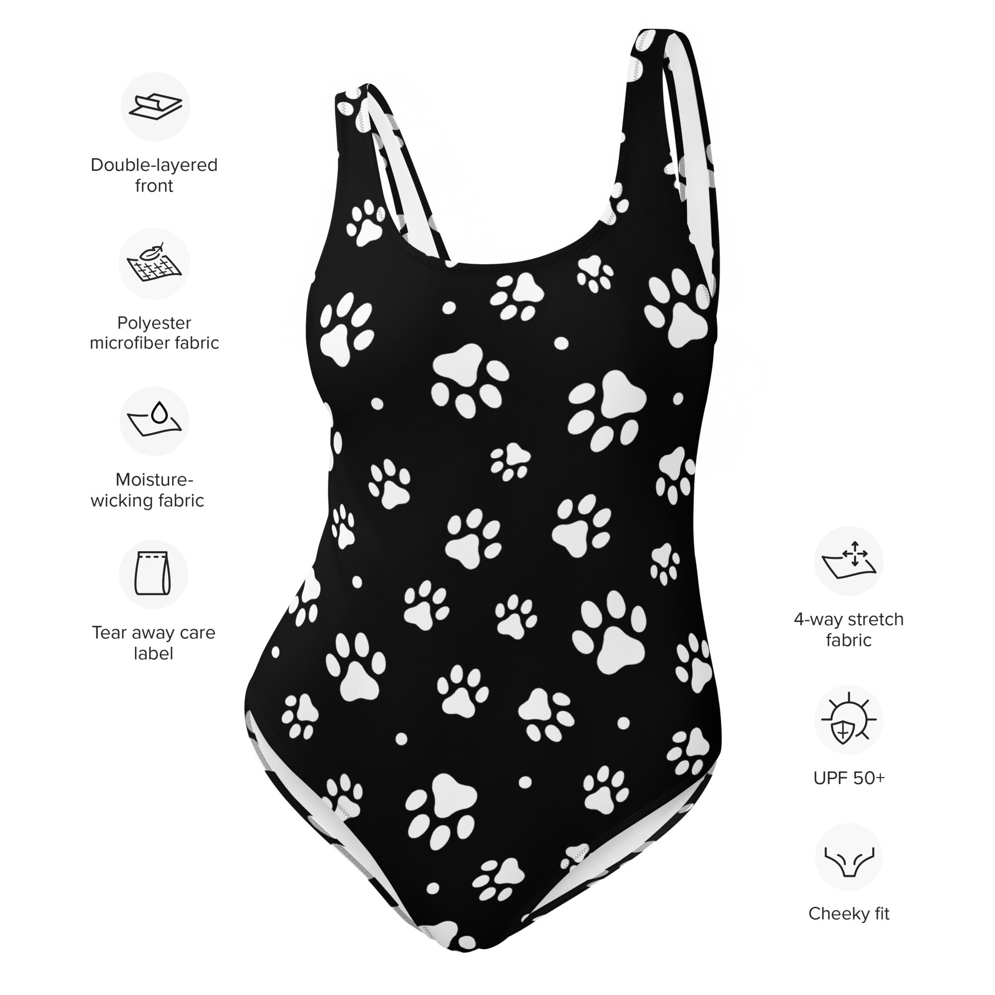 Women’s black one-piece swimsuit with white paw print pattern buttery soft fabric and upf 50+ sun protection