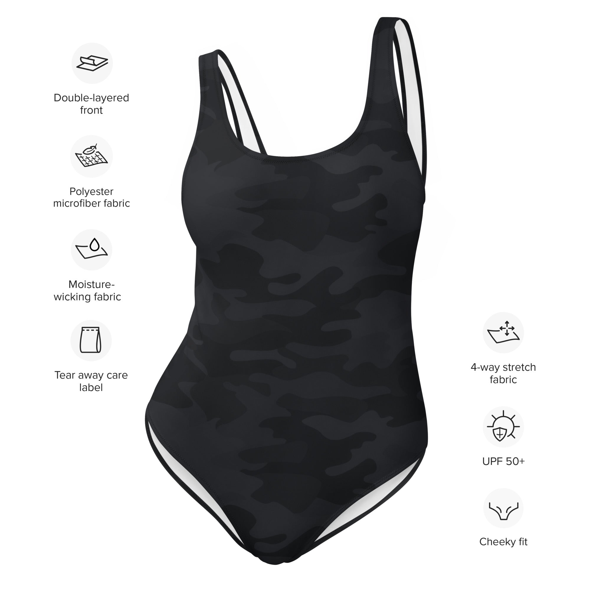 Women’s black camo one-piece swimsuit with white trim, buttery soft fabric, and UPF 50 plus sun protection