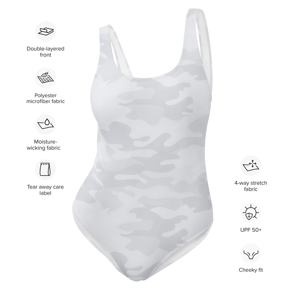 A white camouflage one-piece swimsuit made of polyester microfiber with double-layered front and 4-way stretch
