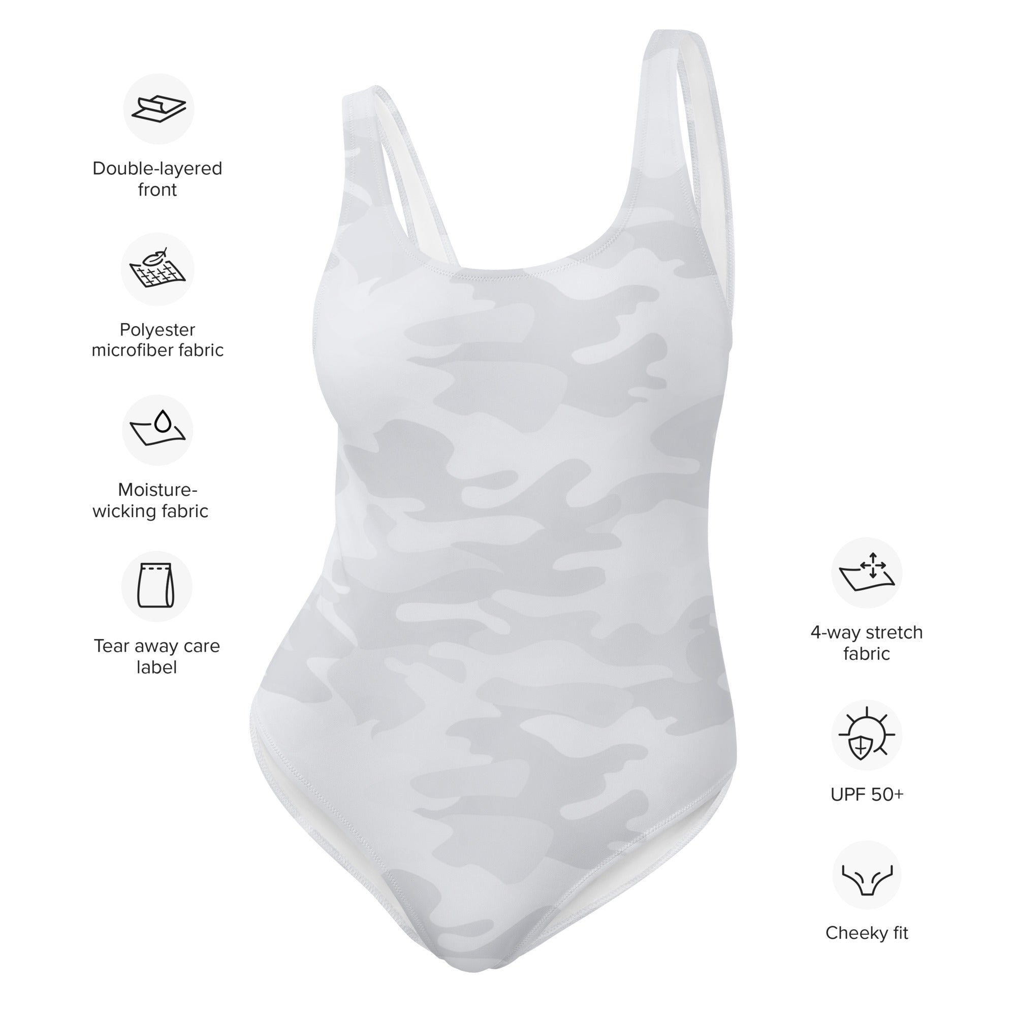 A white camouflage one-piece swimsuit made of polyester microfiber with double-layered front and 4-way stretch
