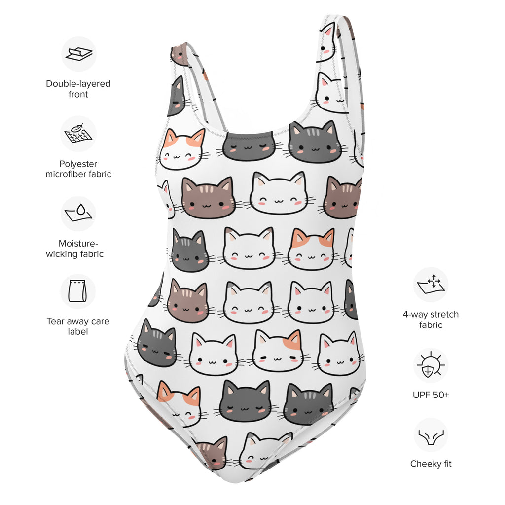 White one-piece swimsuit with UPF 50 plus featuring a playful cartoon cat pattern in gray white and orange colors