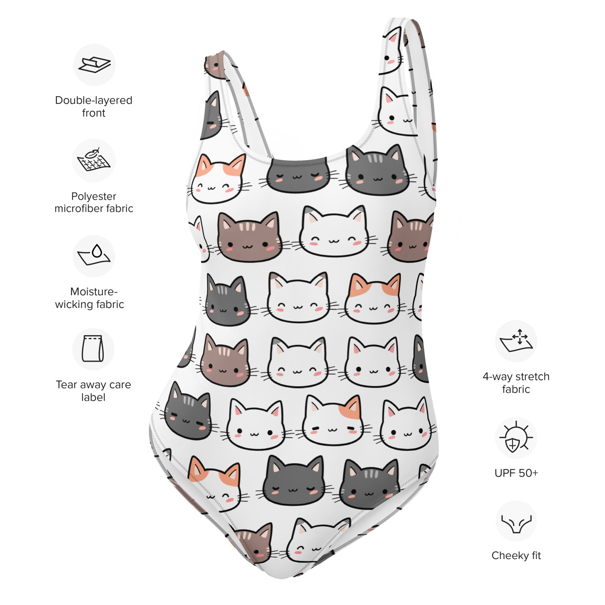 White one-piece swimsuit with UPF 50 plus featuring a playful cartoon cat pattern in gray white and orange colors