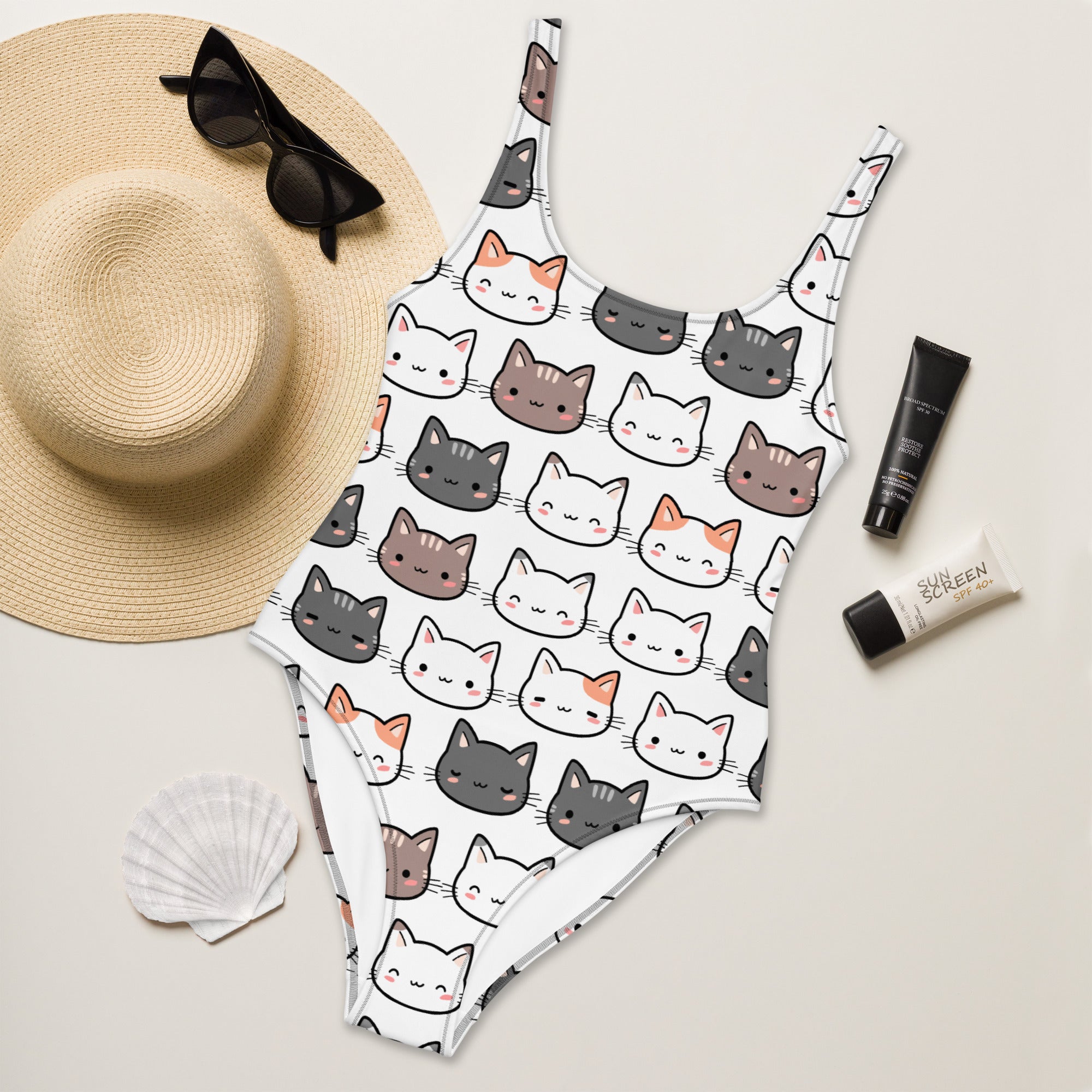 White one-piece women’s cat buttery soft swimsuit with upf 50 plus featuring colorful cartoon cats pattern