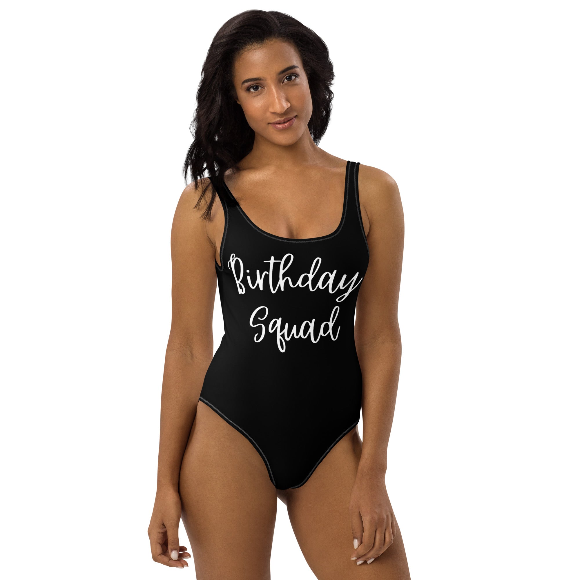 Black womens buttery soft birthday squad one-piece swimsuit with upf 50 plus and white cursive chest print
