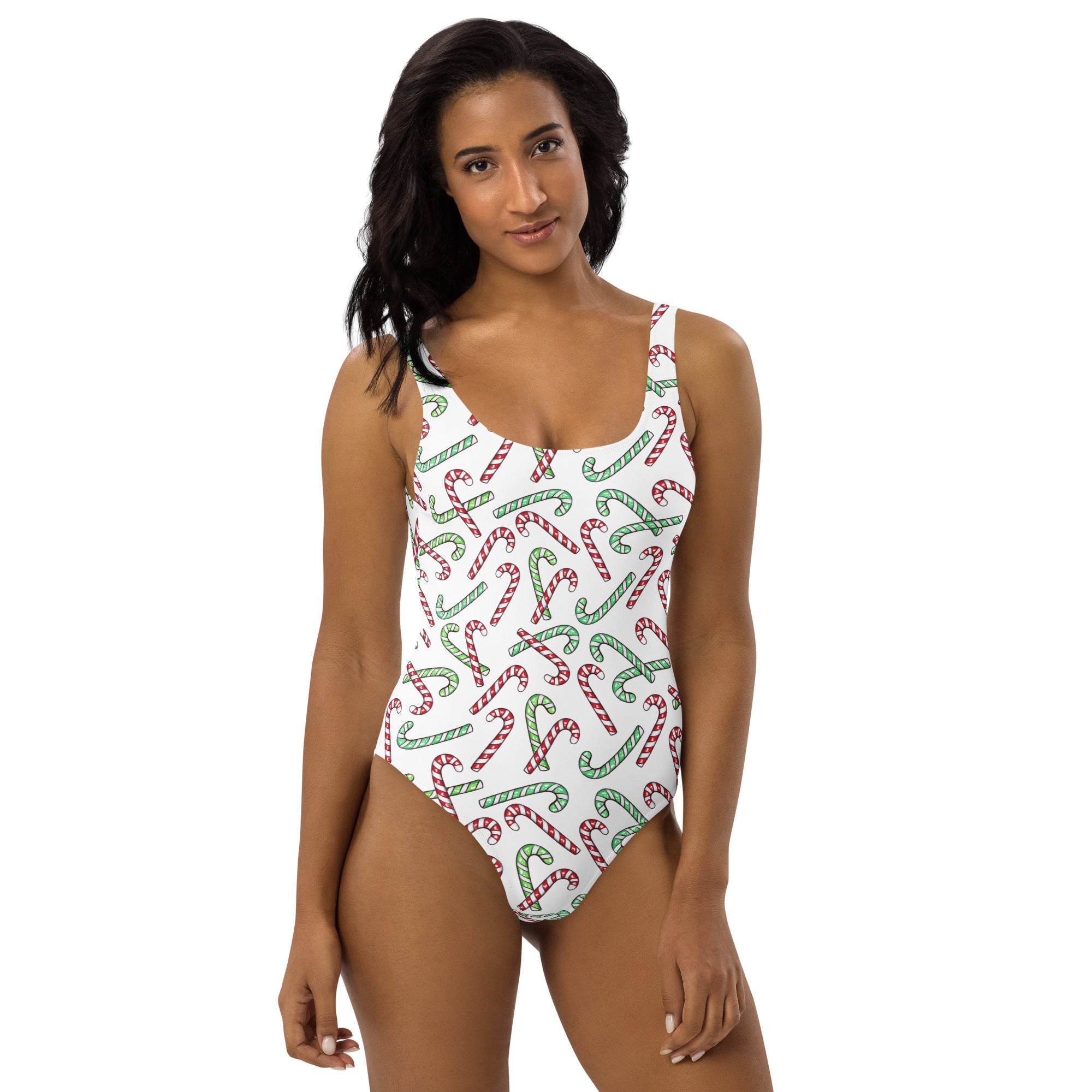 Women's Red & Green Candy Cane Christmas Buttery Soft Swimsuit With UPF 50+