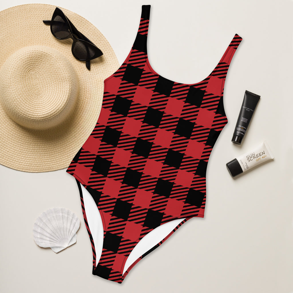 Women’s red buffalo plaid one-piece swimsuit with white lining buttery soft fabric and upf 50 plus protection