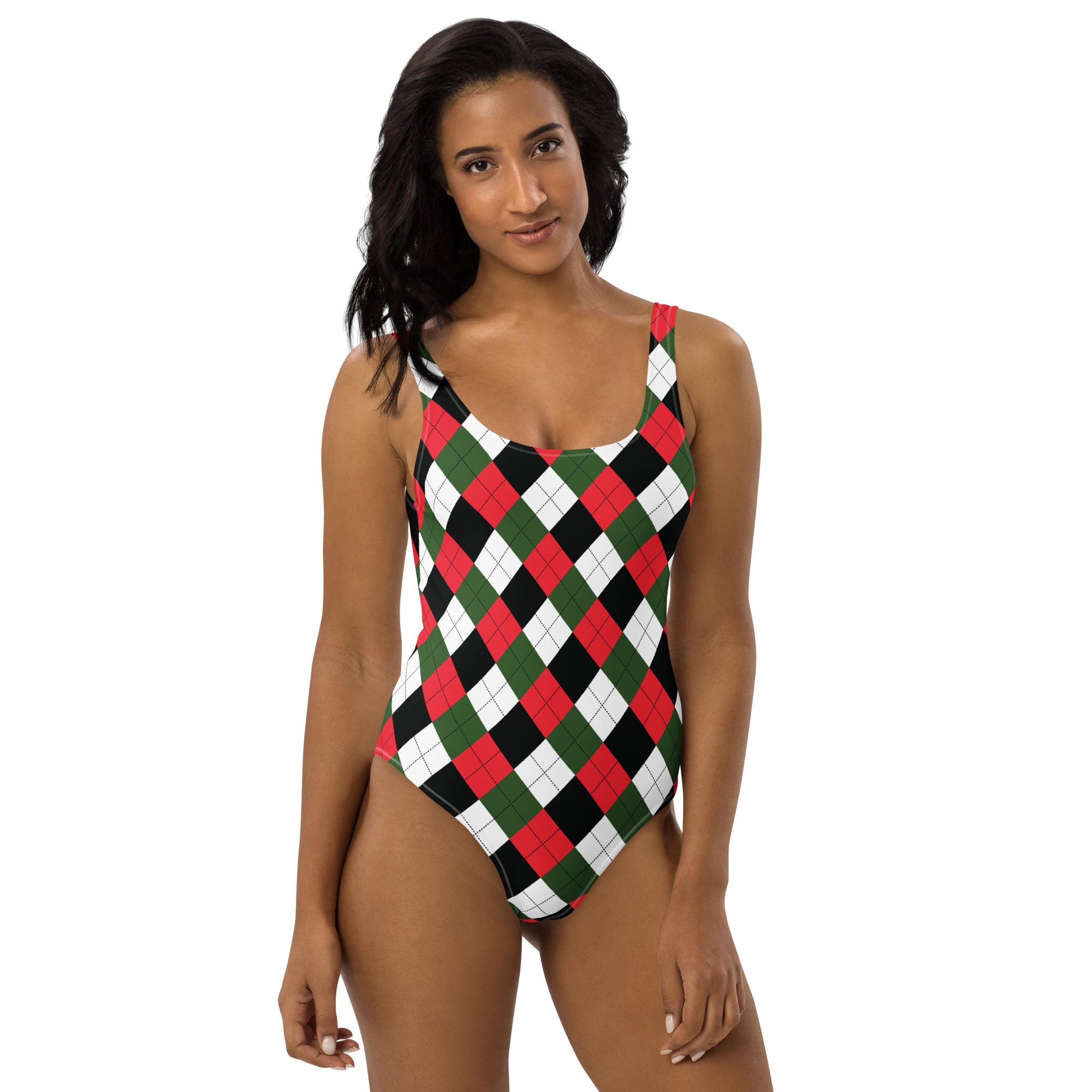 Women’s christmas argyle buttery soft swimsuit with upf 50 plus featuring a bold red green black and white pattern