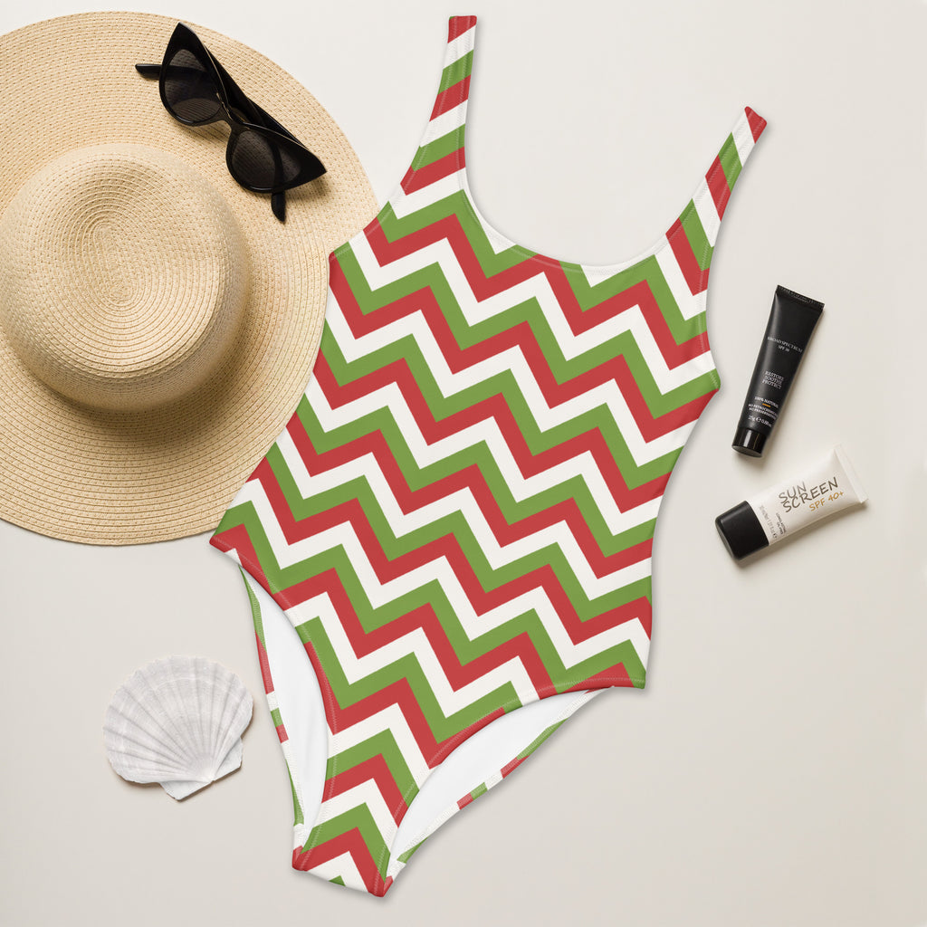 Women’s red and green chevron christmas buttery soft one-piece swimsuit with upf 50 plus protection