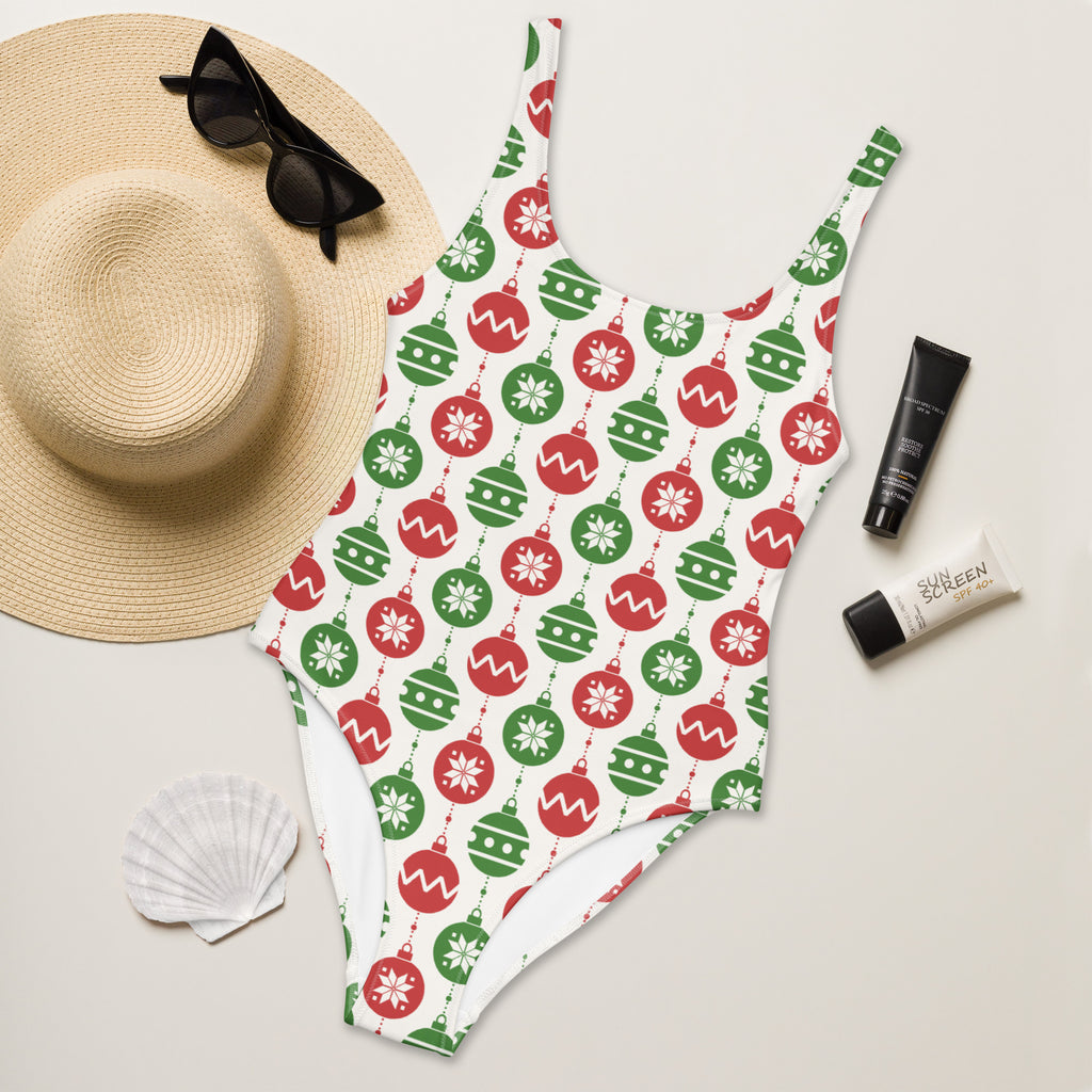 Women’s white one-piece Christmas ornament swimsuit with buttery soft fabric and UPF 50 plus sun protection