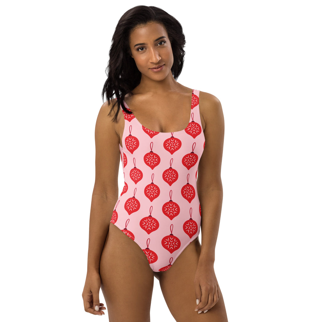 Women's Pink Christmas Ornament Buttery Soft Swimsuit With UPF 50+