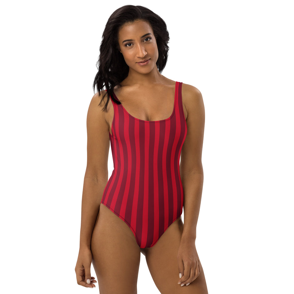 Women’s red candy cane stripe buttery soft one-piece swimsuit with upf 50 plus and thin straps