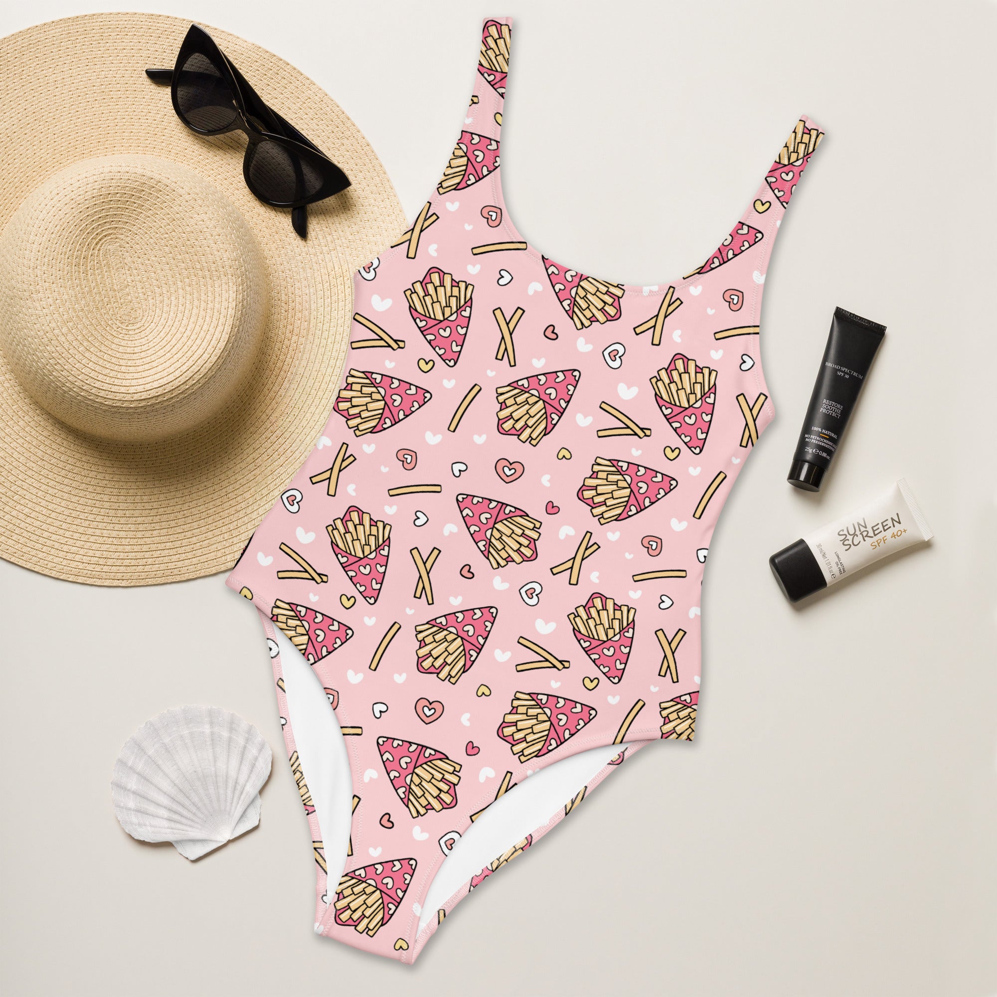 Women's Pink French Fries Buttery Soft Swimsuit With UPF 50+