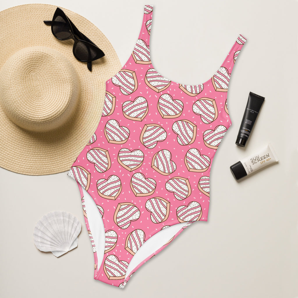 Women's Pink Heart Cookies Buttery Soft Swimsuit With UPF 50+