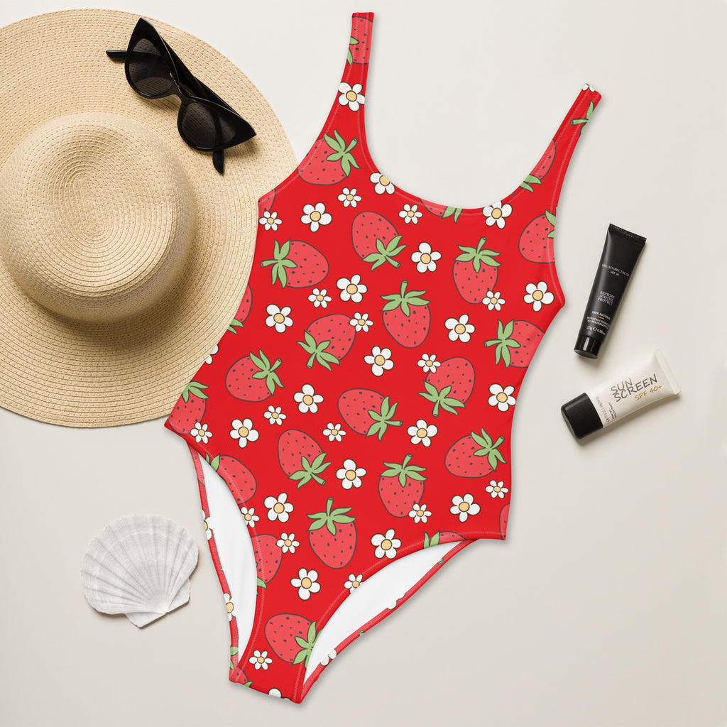 Women's Red Strawberry Buttery Soft Swimsuit With UPF 50+