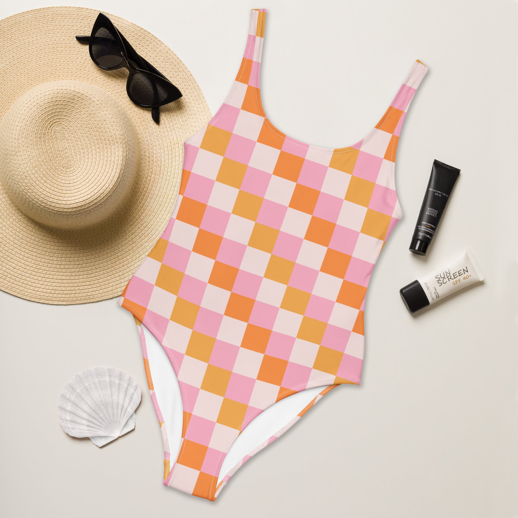 Women's Pastel Pink & Orange Checkerboard Buttery Soft Swimsuit With UPF 50+