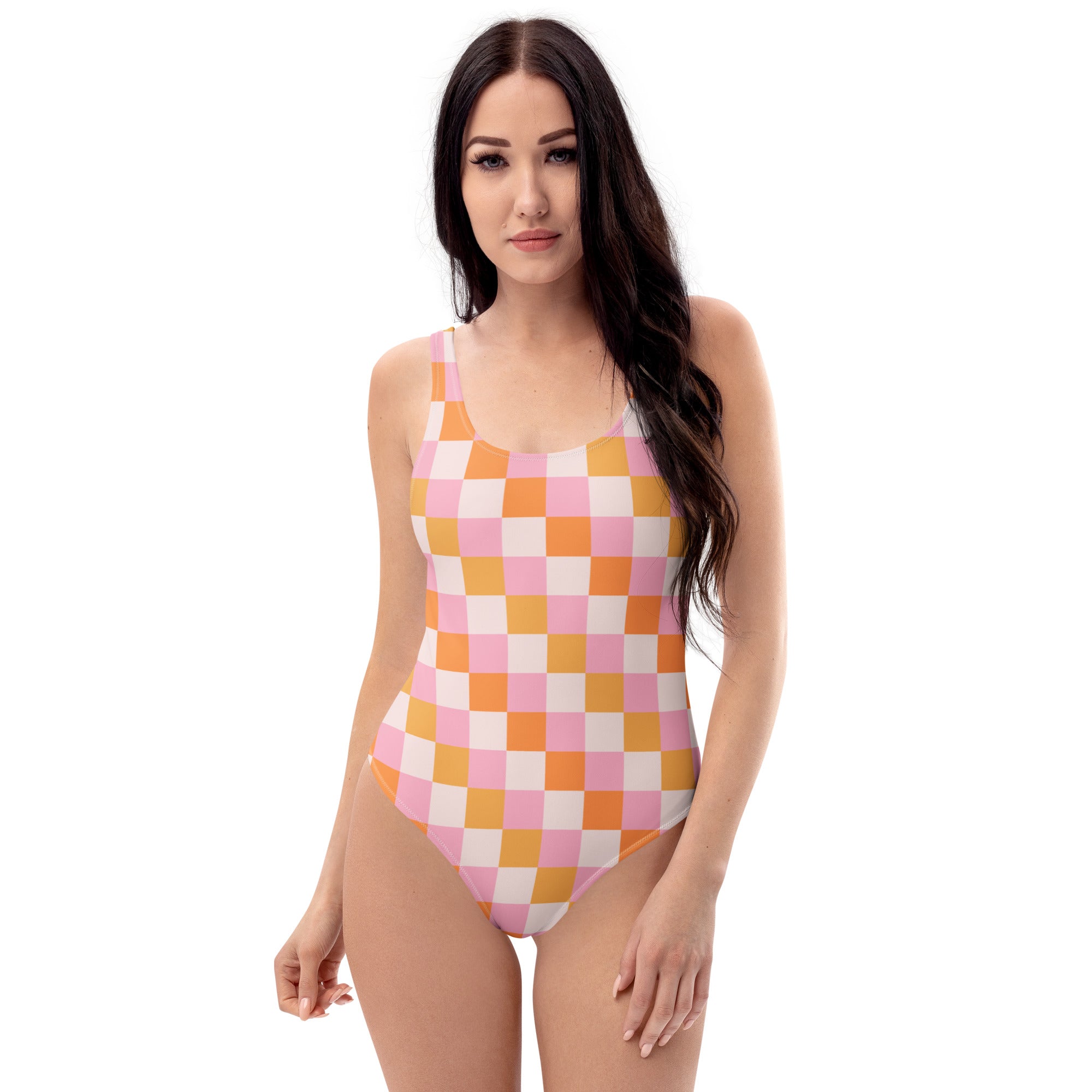 Women's Pastel Pink & Orange Checkerboard Buttery Soft Swimsuit With UPF 50+