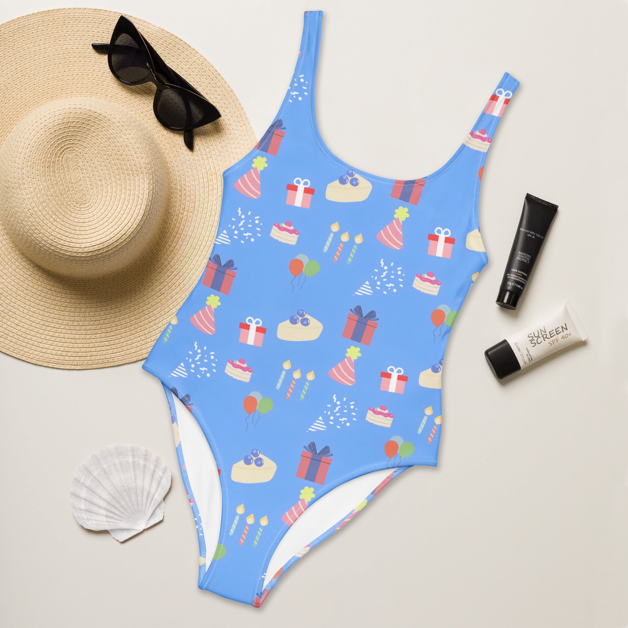 Women's Blue Birthday Party Buttery Soft Swimsuit With UPF 50+
