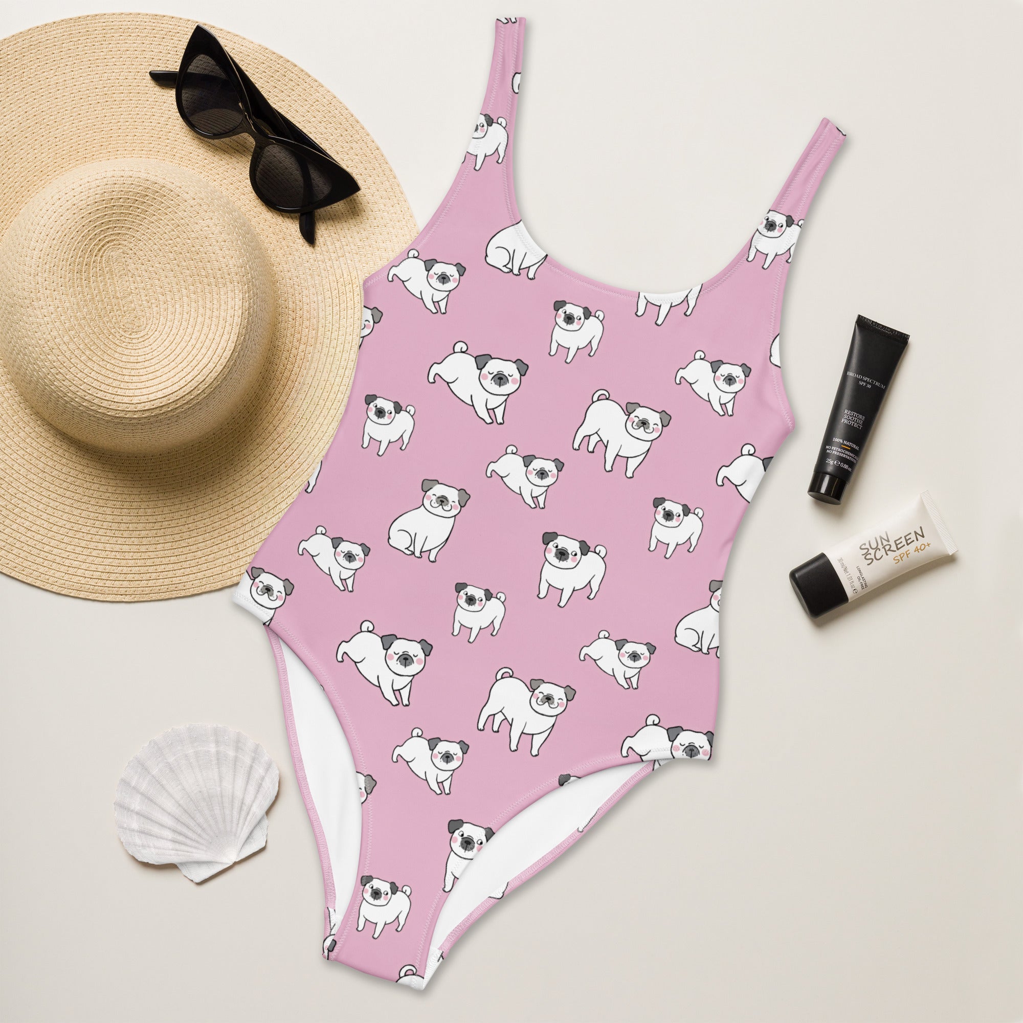 Women's Pink Pug Buttery Soft Swimsuit With UPF 50+
