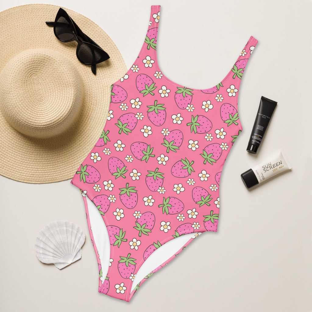 Women's Pink Strawberry Buttery Soft Swimsuit With UPF 50+