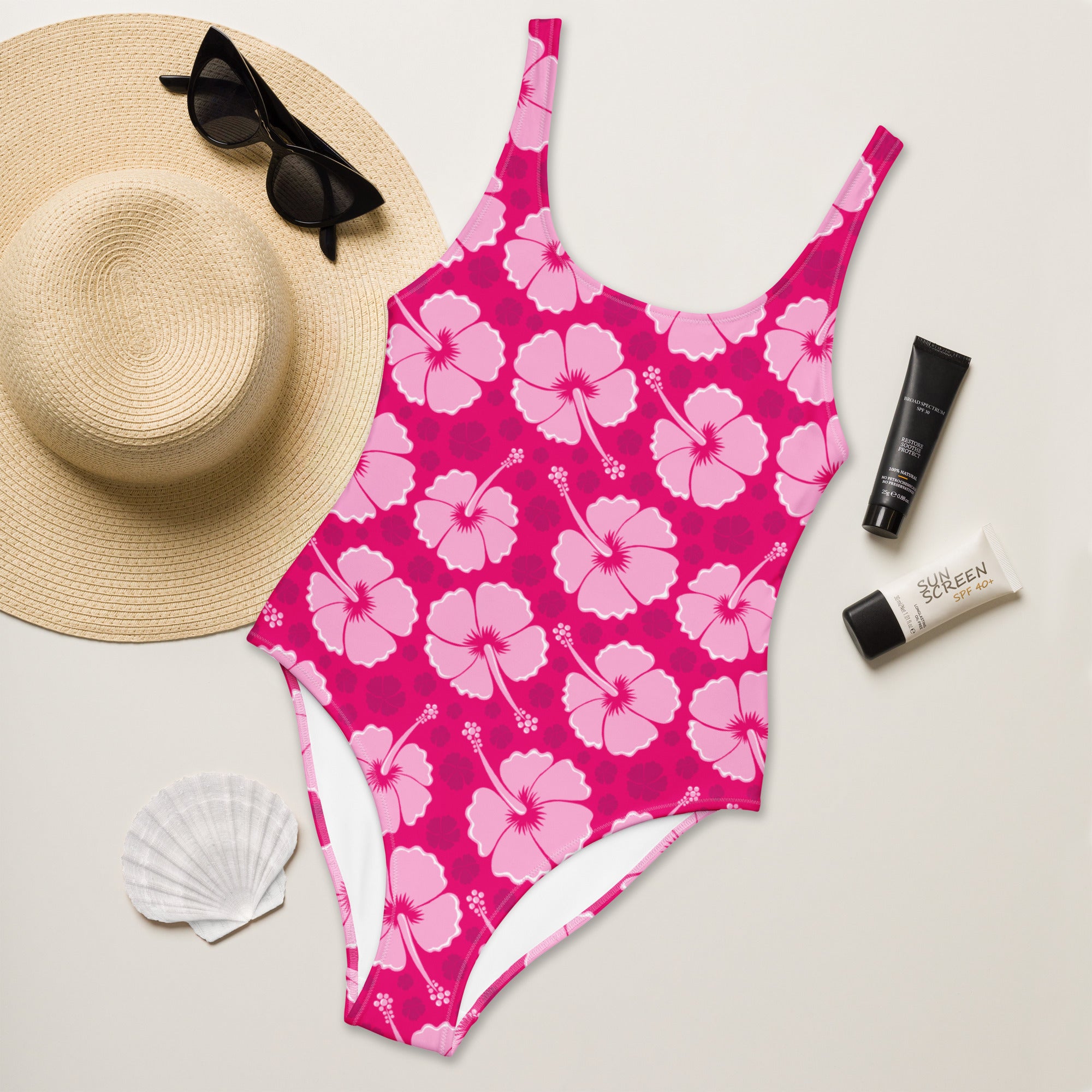 Women's Tropical Pink Hibiscus Buttery Soft Swimsuit With UPF 50+