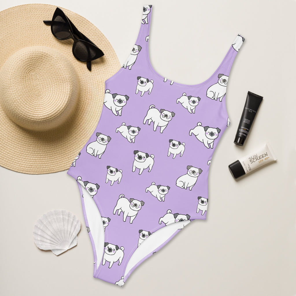 Women's Purple Pug Buttery Soft Swimsuit With UPF 50+
