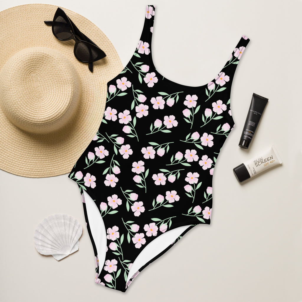 Women's Black Floral Buttery Soft Swimsuit With UPF 50+