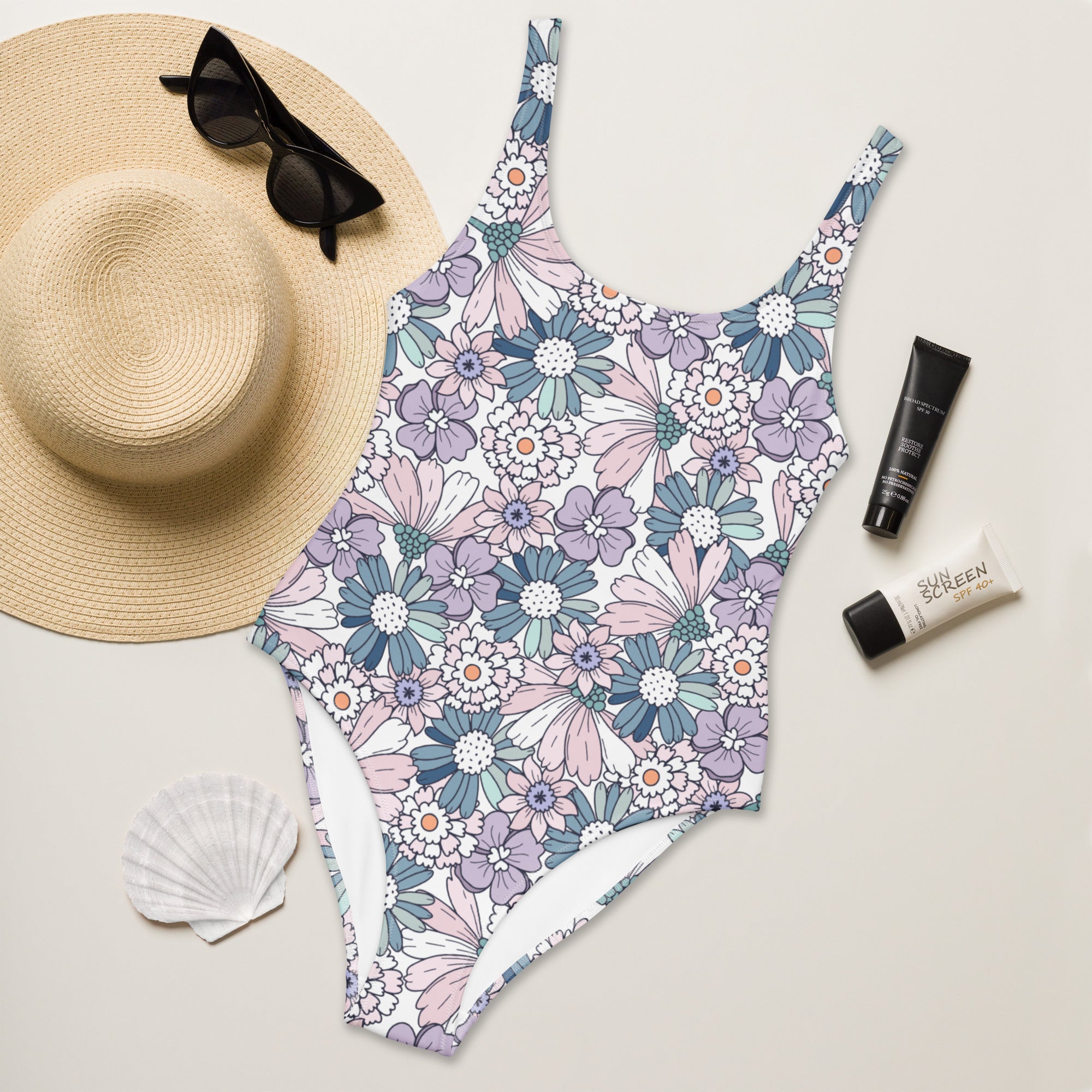 Women's Pastel Vintage Floral Buttery Soft Swimsuit With UPF 50+
